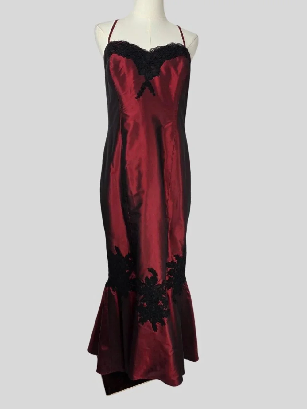 Rose Taft VTG Y2K Vamp Whimsigoth Silk Maxi Dress Burgundy Lace Appliqué Mermaid - Picture 1 of 14
